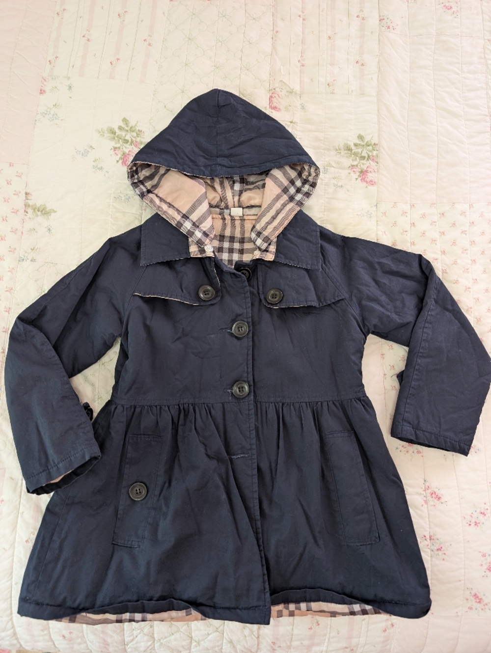 Navy Double-Breasted Hooded Trench Coat